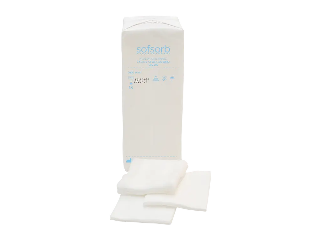 7,5 cm x 7,5 cm 4 Ply Sofsorb Non-woven Swabs Förpackning med 200